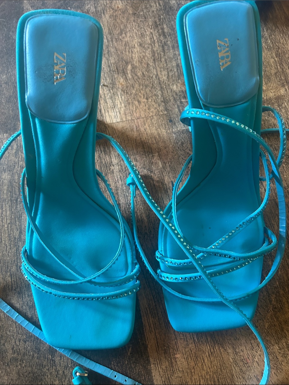 ZARA Turquoise Strappy Rhinestone Wrap Heels